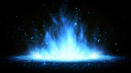 Blue fire effect with flying light sparks. Abstract overlay background with shiny dust, glitter, blue flare with sparkles and glowing particles, vector realistic illustration