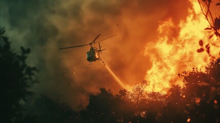 Fototapeta premium Helicopter Battling a Fierce Wildfire in a Dense Forest