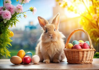 Architectural elegance frames a charming Easter scene: bunny, basket, and colorful eggs.