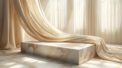 Elegant Marble Platform with Flowing Beige Fabric Drape