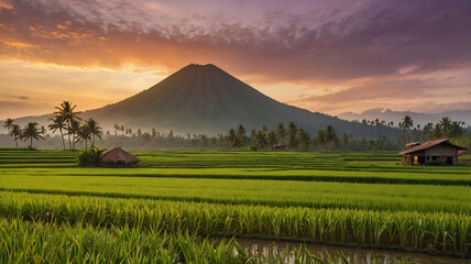 Naklejka premium Lush green rice terraces with palm trees under a vibrant sunset, a majestic mountain in the background, creating a serene and tropical rural landscape