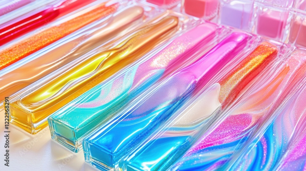 Poster colorful array of liquid cosmetics in sleek containers arranged neatly on a white background