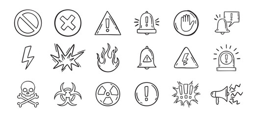 Warning doodle hand drawn icons set. Danger drawing sketch signs 