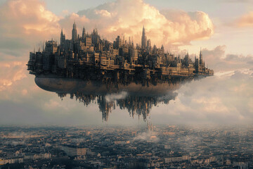 Naklejka premium Floating industrial city above a modern skyline during golden hour