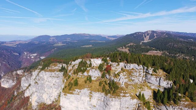 Aerial View Of Forte di Campolongo, War Museum On Rocky Cliff In Rotzo, Province of Vicenza, Italy.