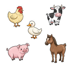 A playful cartoon-style collection of farm animals. © petokpetok