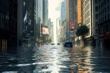 Flooded urban landscape depicts streets submerged in water with historic buildings in view near the city center during daylight