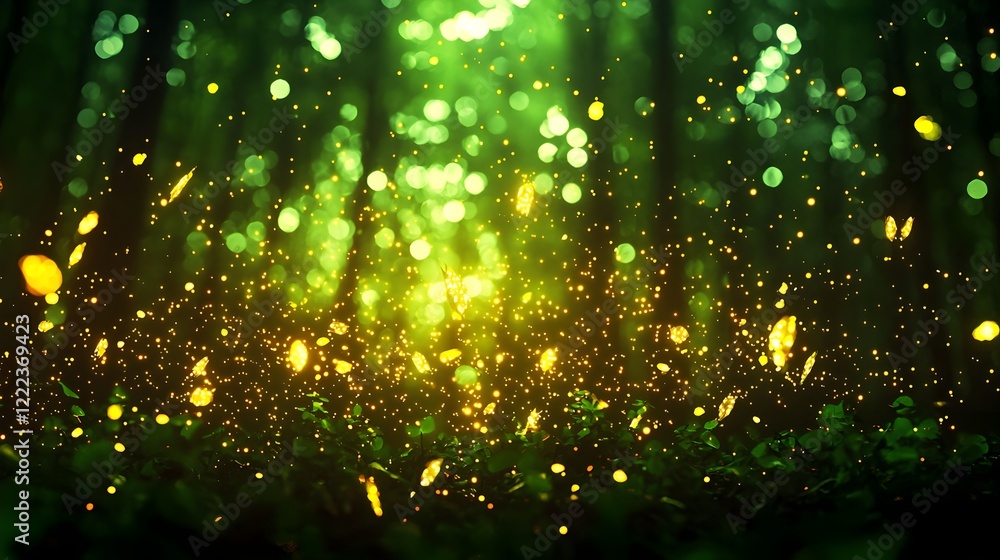 Poster Magical Forest with Sparkling Bokeh and Glowing Lights in Nature