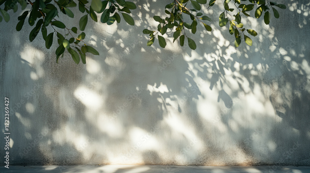 Aufkleber sun light and shadow on wall floor overlay background. grey tree leaf nature shade texture with blur