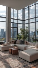 Luxurious Modern Living Room with Floor-to-Ceiling Windows, Elegant Fireplace, and Contemporary Furnishings at Sunset, Generative AI