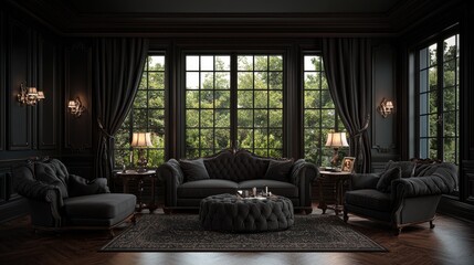 Dark Living Room, Luxurious Furniture, Greenery View, Tranquil Interior Design, Home Decor