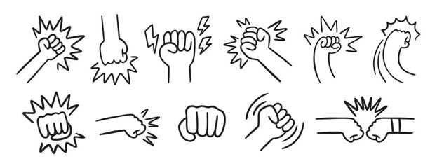  fist and fight related doodle hand drawn icon set. Outline drawing fist and fight related line clipart symbol collection