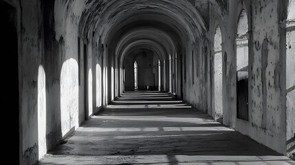 Obraz premium Sunlit Archway in Abandoned Building, Black and White Monochrome Photography