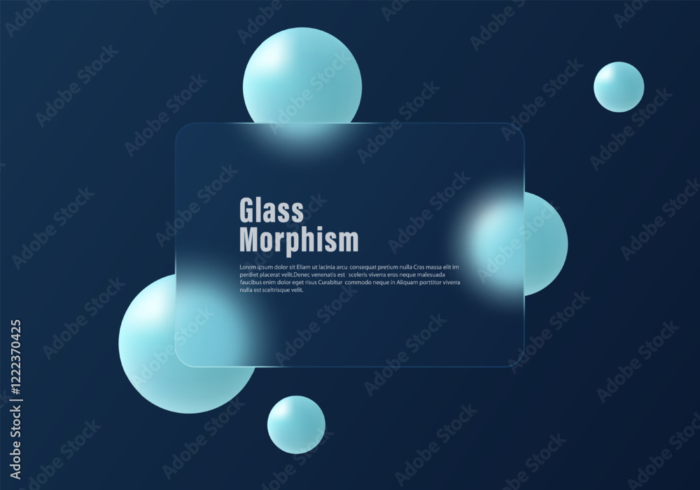 Poster glass morphism website landing page template. gradient background in dark blue color with glass part