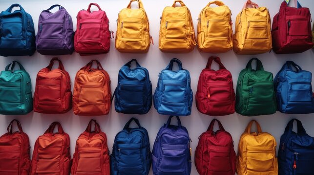 Colorful array of backpacks hanging on a wall, showcasing vibrant hues and organized display