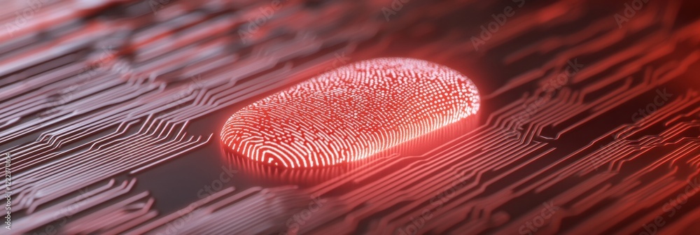 Poster Futuristic Biometrics Circuit Board with Integrated Fingerprint Sensor in Red Glow - Secure Identity Solutions for Tech-Driven Businesses and Digital Access Control