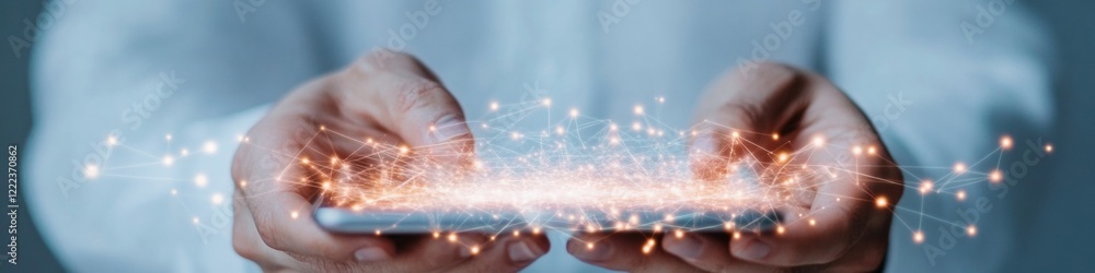 Aufkleber Futuristic Digital Marketing Interface Interactive Handheld Screen with Data Visuals and Network Links Tech Forward Content for Business Intelligence and Strategic Analytics