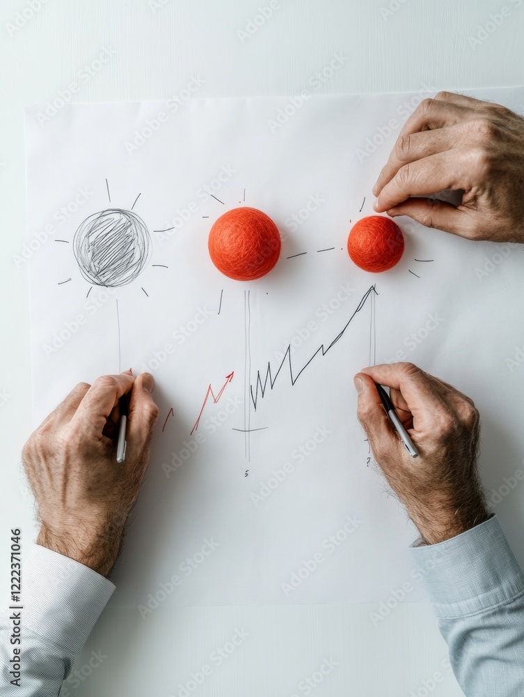 Aufkleber Tactile Data Visualization Red Spheres and Hand-Drawn Graphs on Paper - Strategic Business Intelligence and Interactive Data Analysis for Enhanced Decision Making