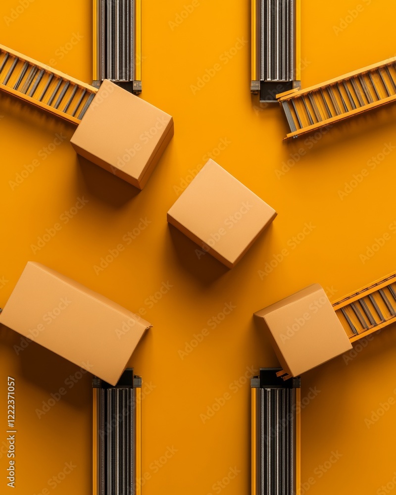 Aufkleber vibrant automation workflow orange conveyor belts and cardboard boxes in warehouse - streamlined sup