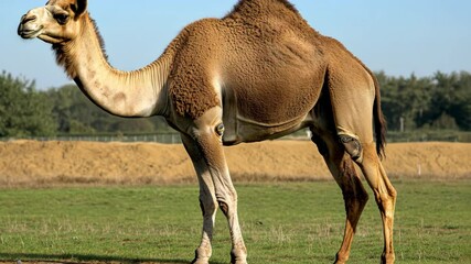 Camel standing gracefully in a grassy field during the day near a sandy area with trees in the background