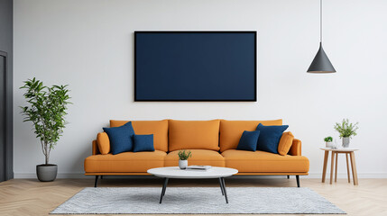 Sala de estar moderna con sofá amarillo, cojines azules, cuadro oscuro en la pared y detalles decorativos minimalistas.