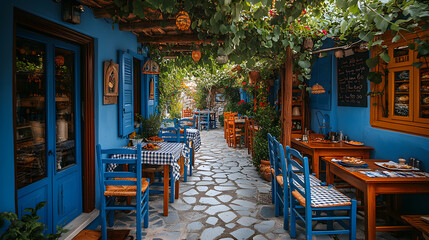 Obraz premium Detailed photography of a lively Greek taverna, with traditional blue chairs, checkered tablecloths, and delicious Mediterranean food served under a pergola covered with vines.