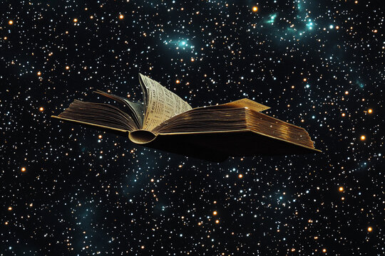 A book floats in space with a distant planet surrounded by stars, symbolizing knowledge and exploration in the universe