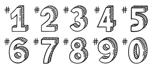 place numbers doodle hand drawn icon set. Outline drawing number 1, 2, 3, 4, 5, 6, 7, 8, 9 line clipart symbol