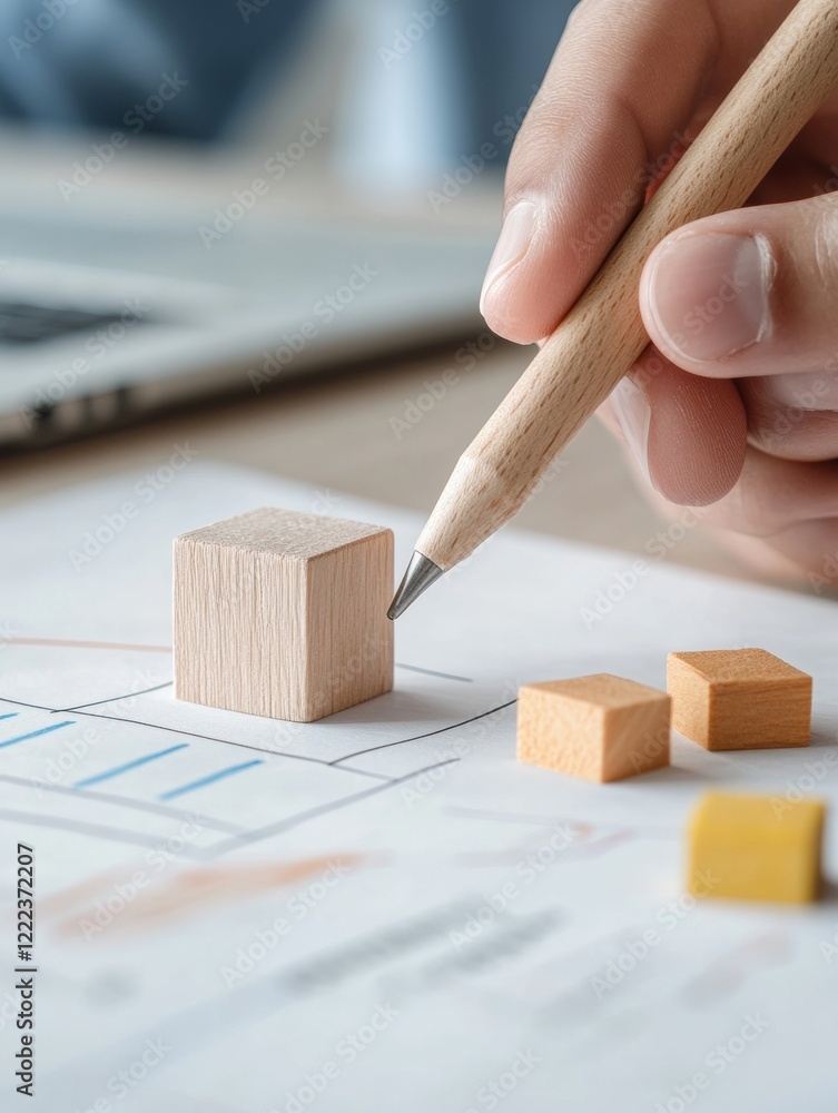 Leinwandbilder minimalist desk scene hands drafting ideas with wooden blocks and graphs on paper - corporate innova