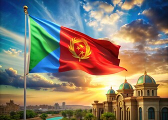 Architectural photography showcases the Eritrean flag, a bold African emblem waving against a dramatic backdrop.