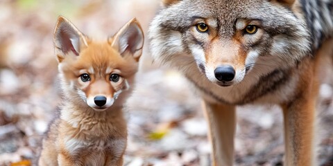 Naklejka premium small puppy and large coyote 