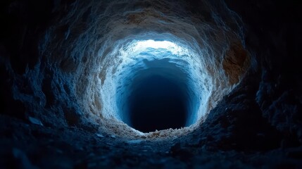 Deep, dark tunnel with illuminated entrance, showcasing geological textures and shadows