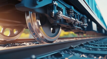 Obraz premium Close-up view of a train wheel on tracks, showcasing motion and sunlight in the background