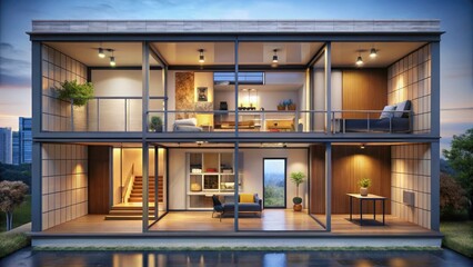 Architectural section view: a balanced 3D rendering of a room's interior, designed with the rule of thirds.