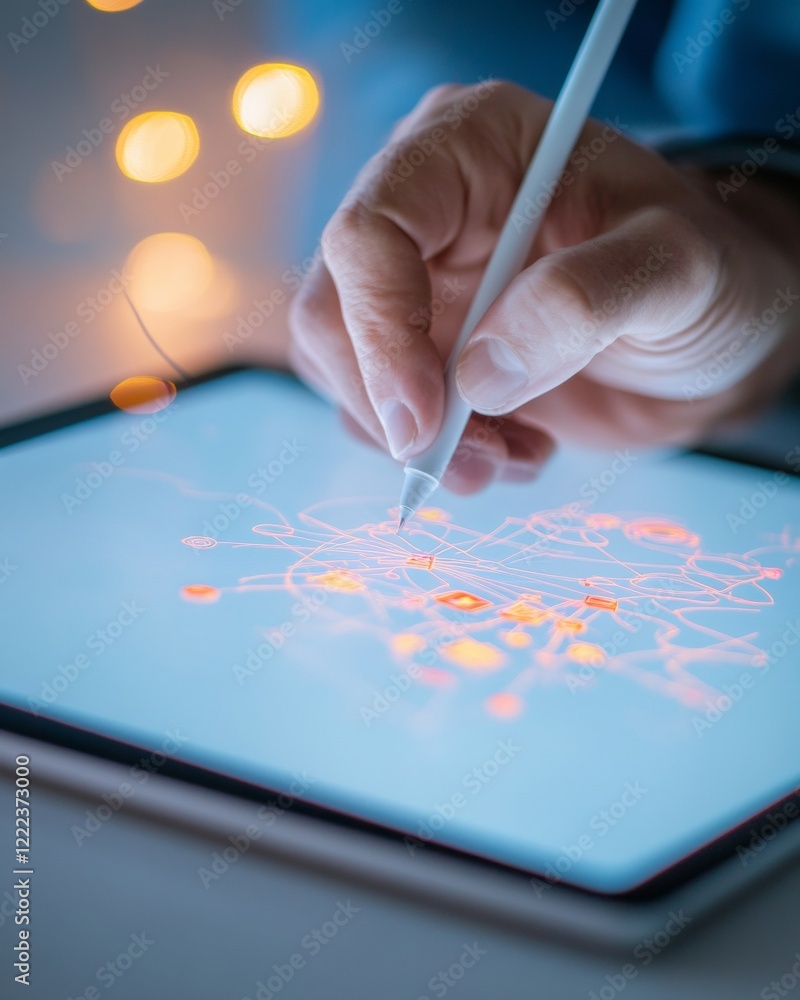 Poster Artisanal Digital Creativity Close-up of Stylus on Tablet Interface with Paper Sketch - Innovative Tech Design for User Experience and Startup Development