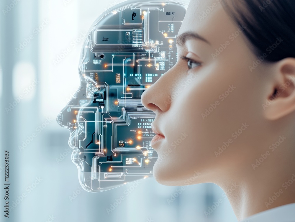 Poster Futuristic Cybernetic Aesthetic Human Head Silhouette with Integrated Circuit Patterns for AI Development in Tech Industries and Enhanced Machine Learning Solutions