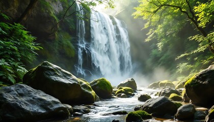 Serene Waterfall Lush Green Forest Mossy Rocks Sunlight
