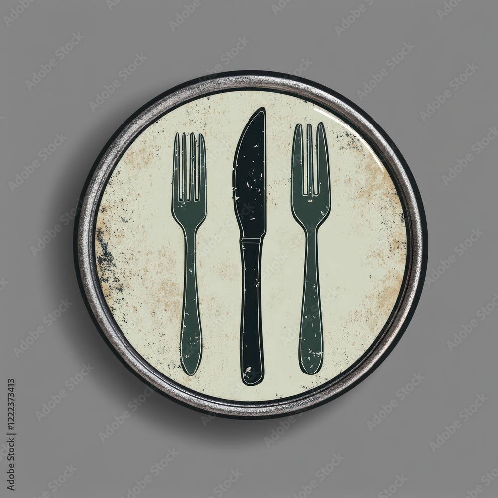 Poster two forks and a knife inside a circular frame on a solid background, for a menu icon