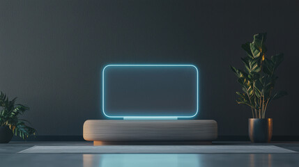 futuristic holographic display on sleek wooden stand, surrounded by lush green plants, creates modern and serene atmosphere in stylish interior