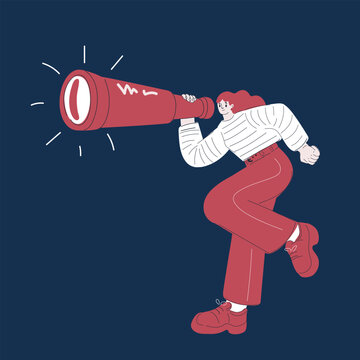 Cartoon vector illustration of a woman peering through a telescope, searching for opportunities ahead over dark background