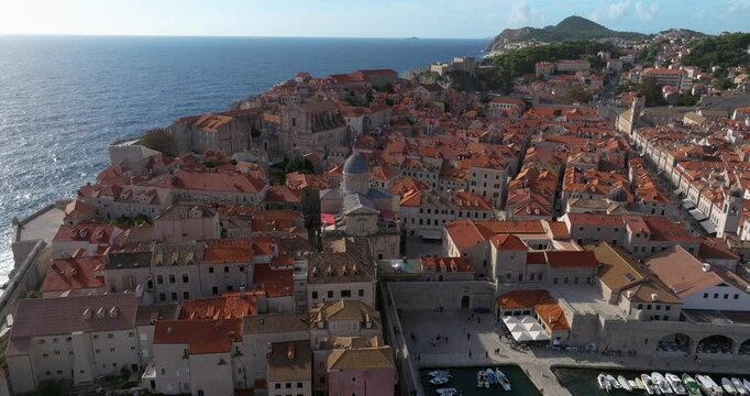 Aerial view of Dubrovnik&rsquo;s Old Town featuring Stradun, Franciscan Monastery, Saint Blaise Church and coastline, Croatia