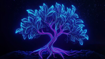 Obraz premium Neon Tree with Vibrant Leaves and Glowing Roots Against Dark Background