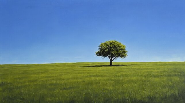 A vast green field under a clear blue sky, with a solitary tree standing tall in the middle, bathed in sunlight.