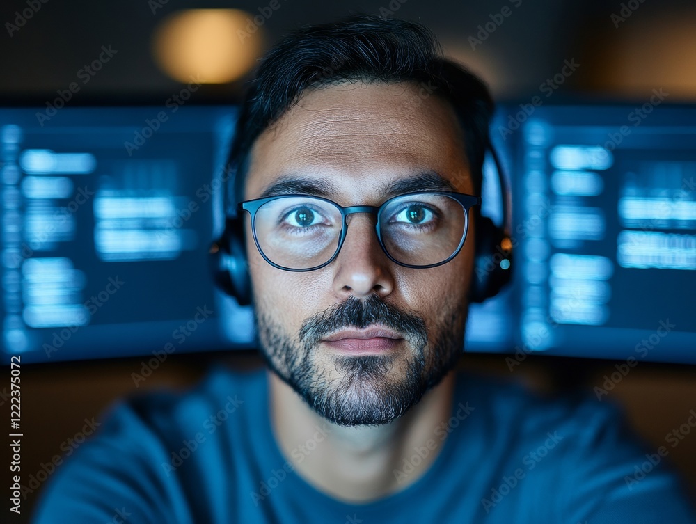 Aufkleber modern tech aesthetic focused professional on dual monitors with headset - enhancing remote work eff