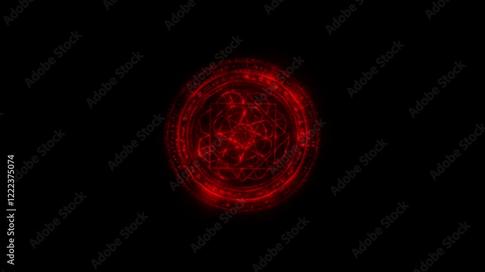 Poster mesmerizing glowing red sigil animation resembling a talisman or ancient symbol with intricate patte