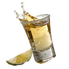 glasses shot of tequila making toast with splash isolated on transparent background