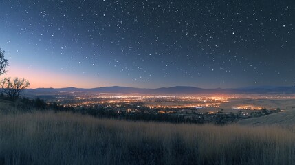 Fototapeta premium Night cityscape view from hilltop, stars.