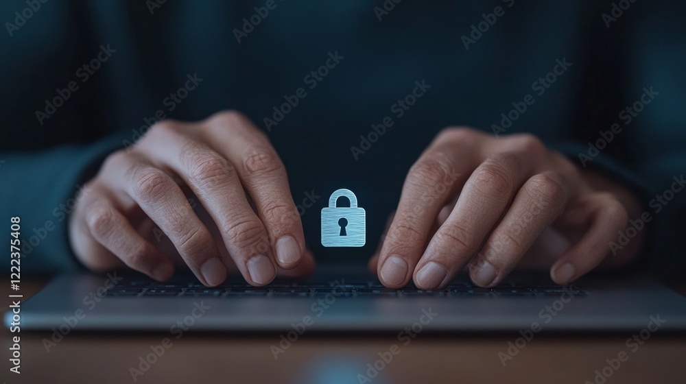 Poster Cybersecurity Interface Sleek Digital Lock Icon on Modern Keyboard - IT Defense and Data Protection for Business Enterprises and Secure Online Transactions
