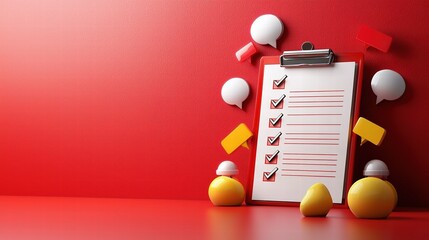 3D Clipboard with Checkmarks and Colorful Speech Bubbles