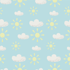 Seamless Pattern with Yellow Suns and White Clouds on a Light Blue Background
